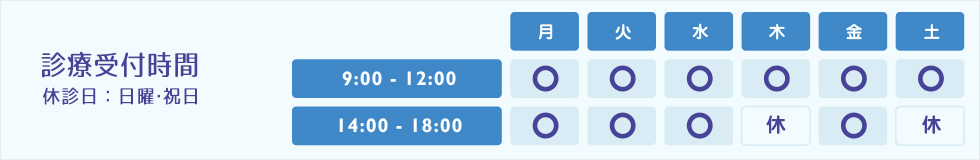 診療時間：毎週木曜・土曜午後休、日曜祝日休。午前診療は9時～12時、午後診療は14時～18時まで。