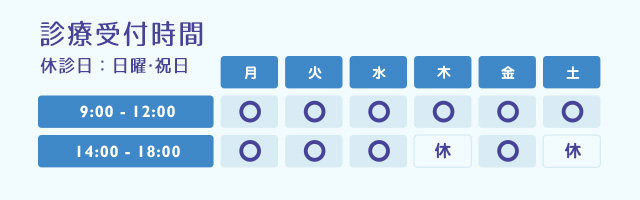 診療時間：毎週木曜・土曜午後休、日曜祝日休。午前診療は9時～12時、午後診療は14時～18時まで。